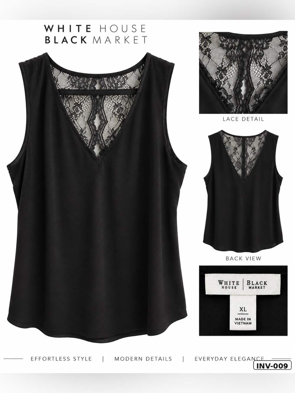 White House Black Market Black Lace V-Neck Sleeveless Shell
